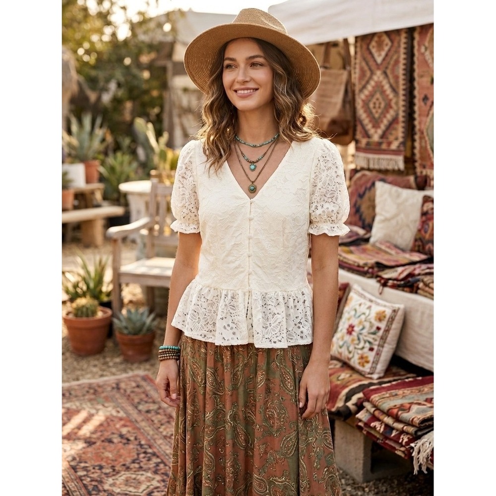 Adrianna Papell Womens Small Ivory Ruffle Lace Peplum Blouse Top Cottagecore